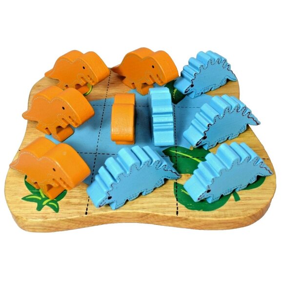 Kids Wooden Tyrannosaurus Rex and Stegosaurus Dinosaur Tic-Tac-Toe Game - Picture 1 of 5